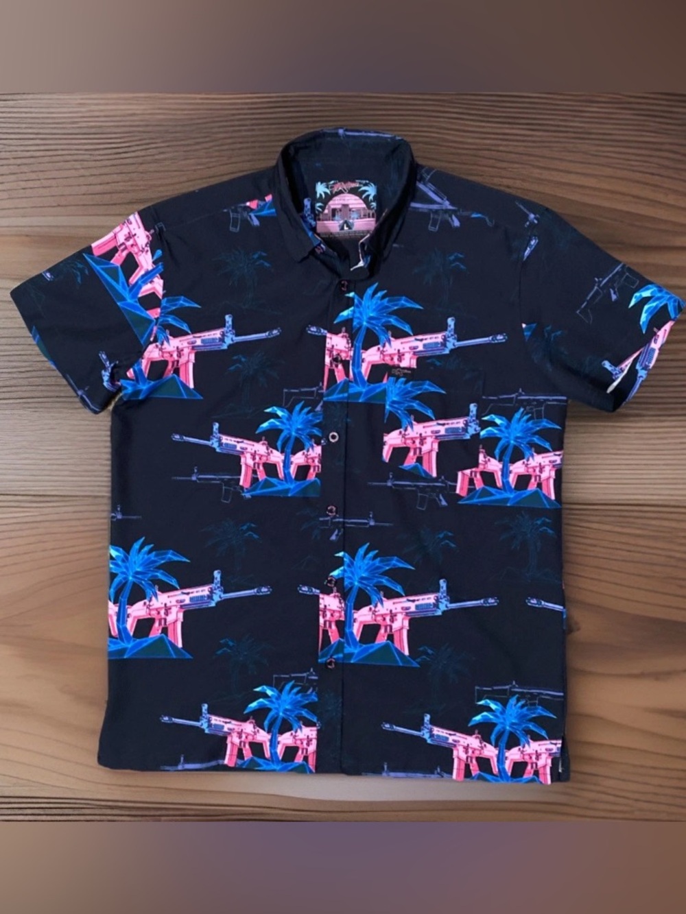 Retro Rifle Shirt Mens L Black Pink Rising Palm Gun Neon Miami Vice Aloha AOP